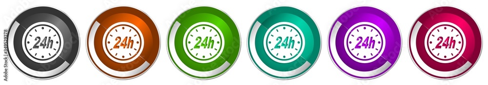 Poster 24h icon set, silver metallic chrome border vector web buttons in 6 colors options for webdesign