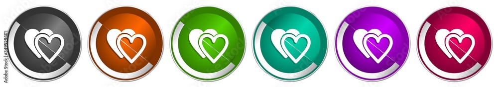 Leinwandbilder Love icon set, silver metallic chrome border vector web buttons in 6 colors options for webdesign