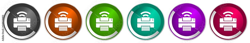 Poster Printer icon set, silver metallic chrome border vector web buttons in 6 colors options for webdesign