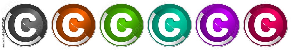 Poster Copyright icon set, silver metallic chrome border vector web buttons in 6 colors options for webdesign