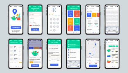 Delivery food unique design kit for mobile app. Online fast food order screens with restaurant menu. Express delivery and catering service UI, UX template set. GUI for responsive mobile application.