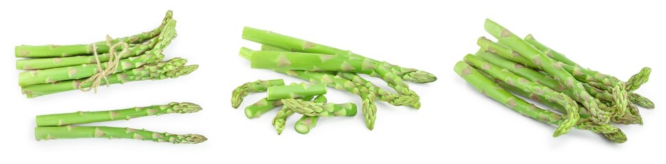 Fresh cut sprouts of asparagus isolated on white background. Set or collection
