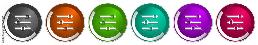 Poster Slider icon set, silver metallic chrome border vector web buttons in 6 colors options for webdesign