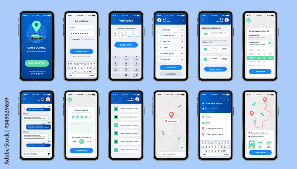 Poster car sharing unique design kit for mobile app. online rent car order screens with map navigation and 