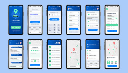 Car sharing unique design kit for mobile app. Online rent car order screens with map navigation and user account menu. Car booking service UI, UX template set. GUI for responsive mobile application.