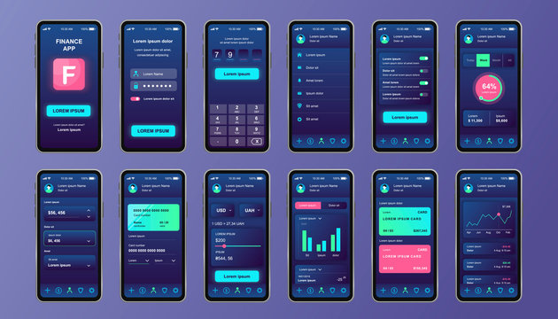 Finance Services Unique Design Kit For Mobile App. Online Banking Screens With Financial Account And Analytics. Money Control And Management UI, UX Templates. GUI For Responsive Mobile Application.