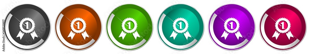 Aufkleber badge icon set, winner, first, award silver metallic chrome border vector web buttons in 6 colors op