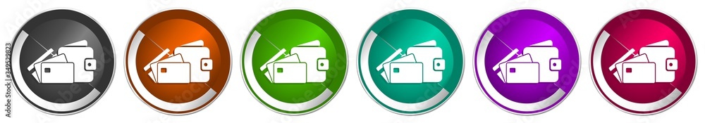 Aufkleber wallet and credit cards icon set, business silver metallic chrome border vector web buttons in 6 col