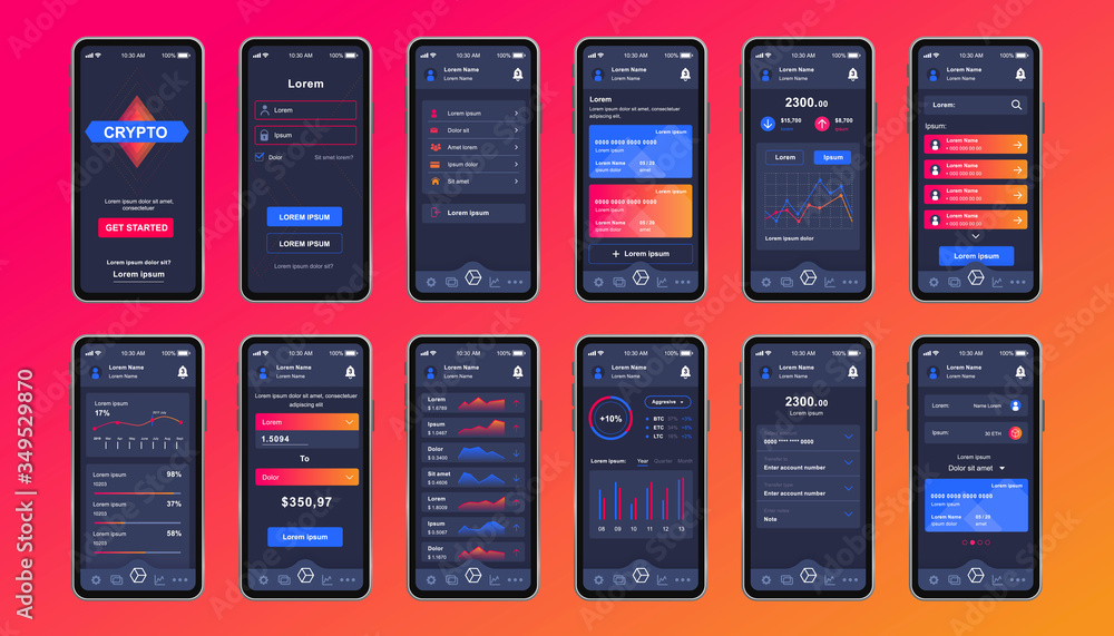 Poster cryptocurrency unique design kit for mobile app. bitcoin mining screen with financial graphs, accoun