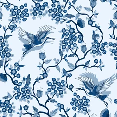 Fotobehang Blauw wit klassiek Blue Crane Birds Chinoiserie Vector Naadloos Patroon