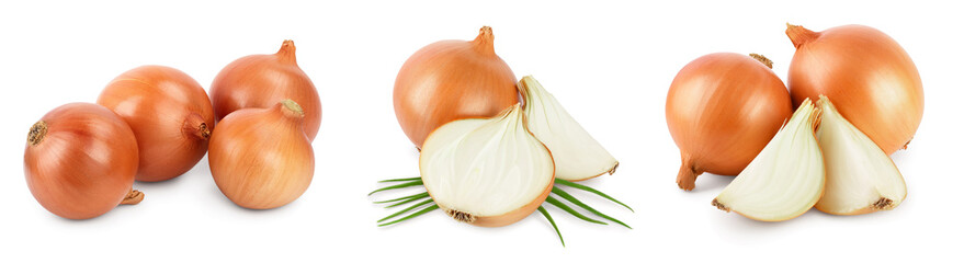 yellow onion isolated on white background close up. Set or collection