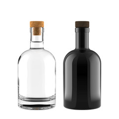 A Set of Clear Glass and Black Bottles for Whiskey, Vodka, Gin, Rum, Liquor or Tequila Bottle for Accurate Work with Light and Shadows. 3D Render Isolated on White Background.