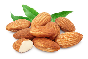Obraz na płótnie Canvas Almonds nuts with leaf isolated on white background with clipping path and full depth of field.