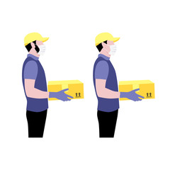 Vector illustration set of courier in protective gloves and masks with package.  Delivering the parcel or box concept. Online shopping order. Young boy and adult worker