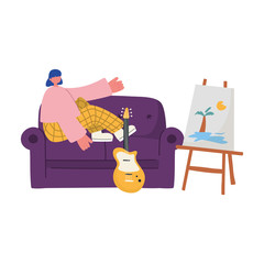 people activities, young woman sitting on sofa with electric guitar and picture