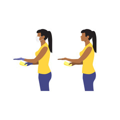 Vector illustration set of beautiful black women with and without medical protective mask and gloves  hold out hand with money and receive the delivery package. Quarantine delivery servise.