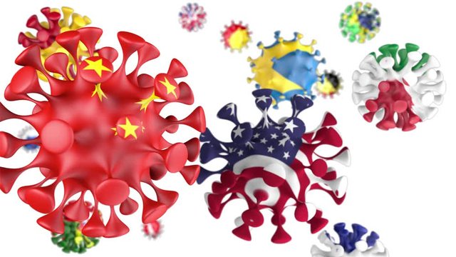3D animation Coronavirus 2019-nCoV. China, USA, France, Spain, Italy, Sweden , Czech Republic, Great Britain flags in virus ball spheres covid19, on white background. Alpha channel