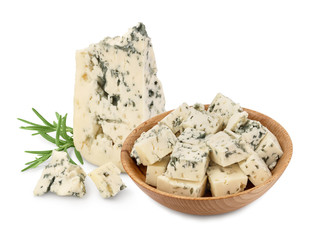 diced Blue cheese in wooden bowl isolated on white background with clipping path and full depth of field.