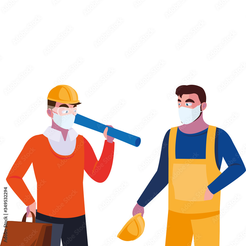 Poster operator and architect with mask and helmet