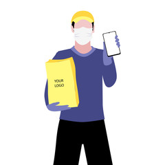 Vector illustration of white man in protective medical mask and a cap is delivering the paper package and showing smartphone. Safe online delivery to the door concept. Online shopping order