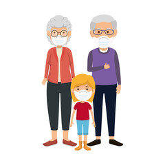 grandparents with granddaughter using face mask vector illustration design