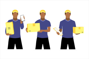 Vector illustration set of different black men or couriers in a cap is delivering the parcel or box.  Safe contactless delivery to the door by courier concept. Online shopping order