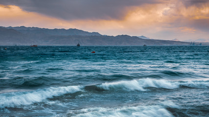 Eilat sunset beach at winter time .