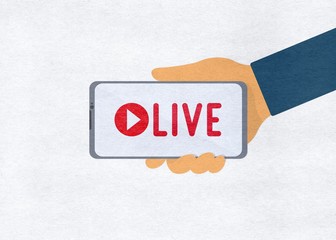 "Live stream" hand holding a phone illustration on a paper background 