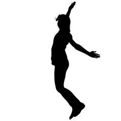 Silhouette young girl jumping with hands up, motion