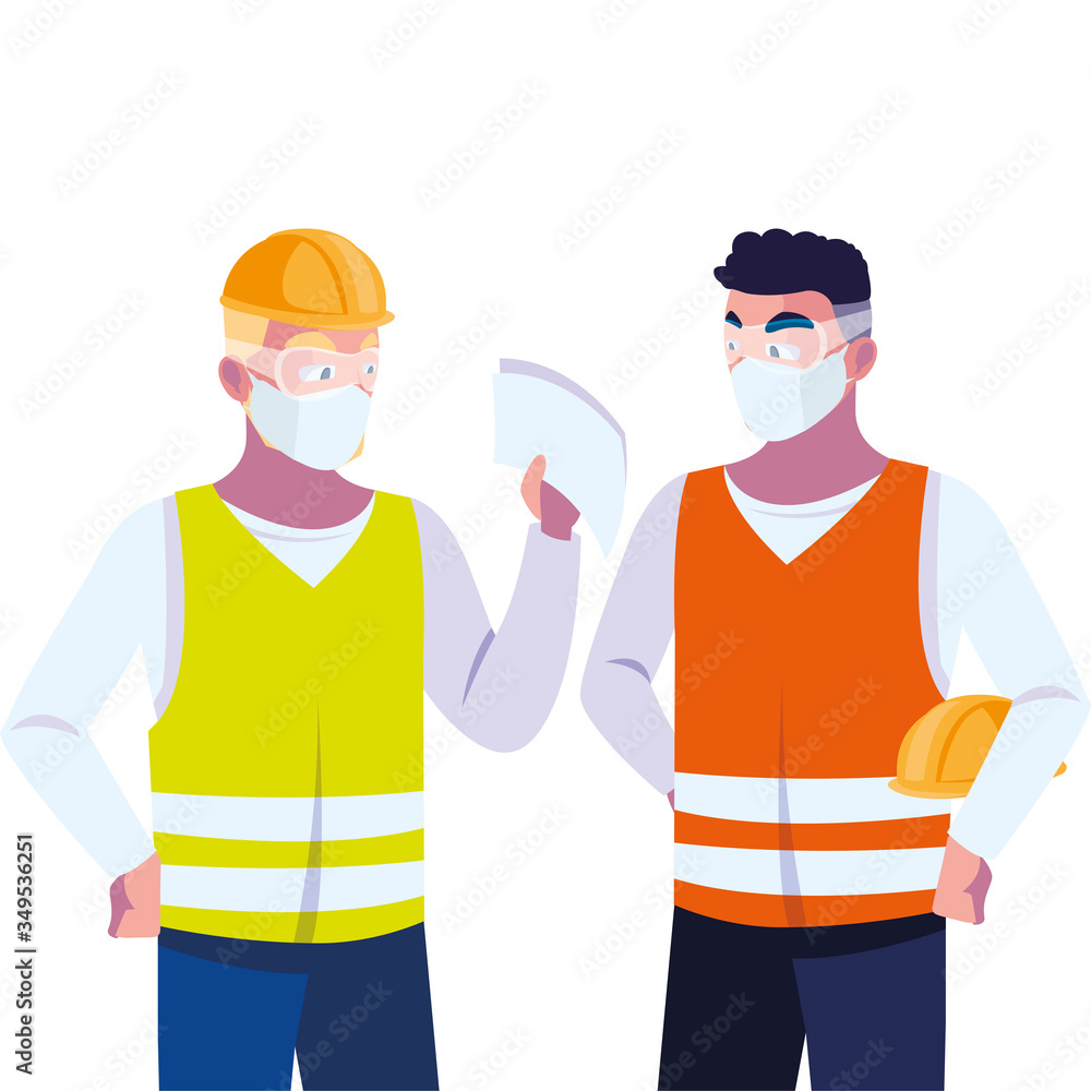 Poster men operators with masks and reflective vests
