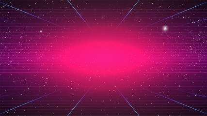 Cyberpunk abstract background. Pink glowing. Starry sky. Geometric perspective lines. Old TV effect. Retro futuristic party flyer template. Retro sci-fi movie style. Stock vector illustration