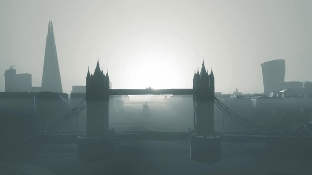 Central London - Tower Bridge, The Shard, skyscrapers in financial district of City of London, UK, cgi animation