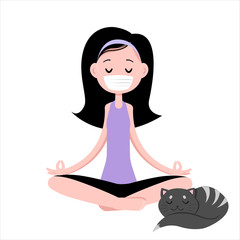 Girl is meditating at home with a cat.