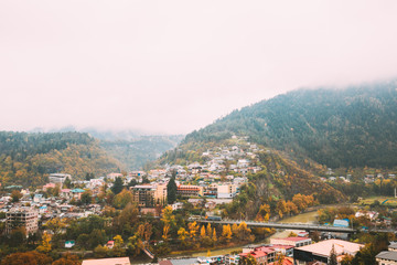 Borjomi, Georgia. Cityscape Of Borjomi Resort City Autumn October Day. Borjomi Is A Resort Town In South-central Georgia With A Population Of 10,546
