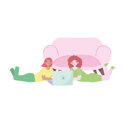 working remotely, young women liying in floor with laptop