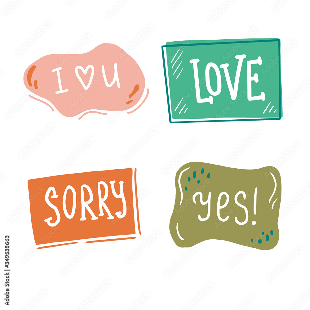 Poster Hand drawn set of speech bubbles with dialog text. Comic doodle sketch style. Text and speech balloon element of color. Vector illustration for icon design.