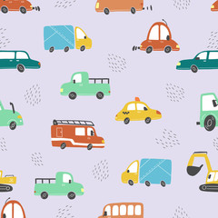 Seamless pattern of childish cartoon town, city map with road and cars for fabric, wallpaper, background design. Cute baby, child vector illustration.