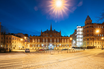 Helsinki, Finland. Finnish Design Museum Or Designmuseo Building In Night Illuminations. Museum Devoted To Exhibition Of Finnish And Foreign Design, Including Industrial, Graphic Design And Fashion