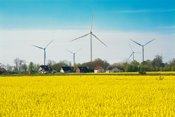 
Ecological energy, wind farm over houses and rapeseed field. Beautiful landscape in Poland.