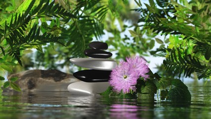 Flower and a pyramid of stones over water, spa background, 3D rendering