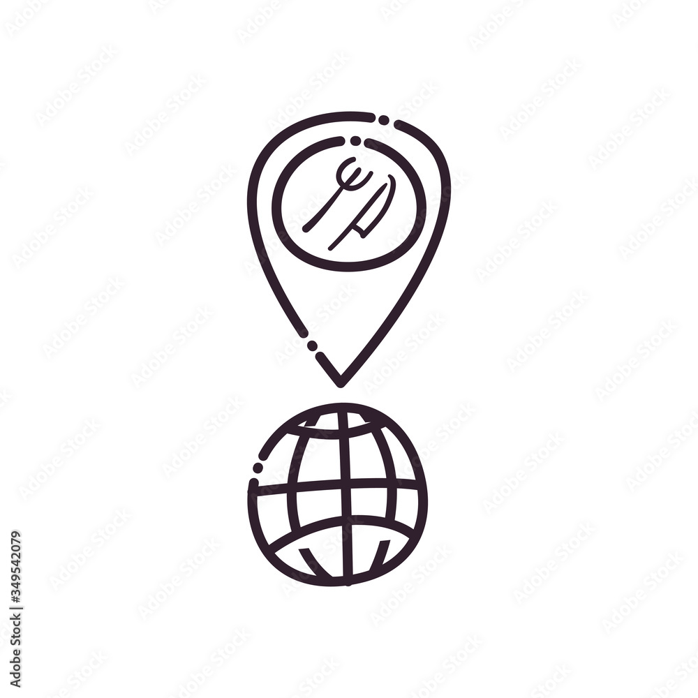 Poster global sphere fork and knife inside gps mark line style icon vector design