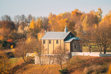 Fototapeta na wymiar Grodno, Belarus. Kalozha Church In Sunny Autumn Day. Church of Sts. Boris and Gleb
