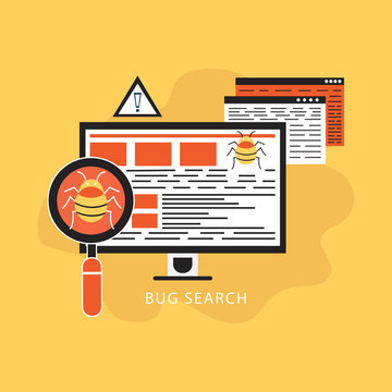 bug and virus in the programming code notebook with developers applications magnifying glass