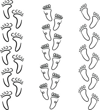 set of black traces of human feet, Step footprints paths, vector illustration in a minimalistic line style. for design of postcards, websites, social networks, stickers, banners
