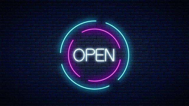 Neon animated sign of open 24 hours and 7 days in turning circle frames on dark brick wall background. Glowing street signboard animation of round the clock working bar or night club