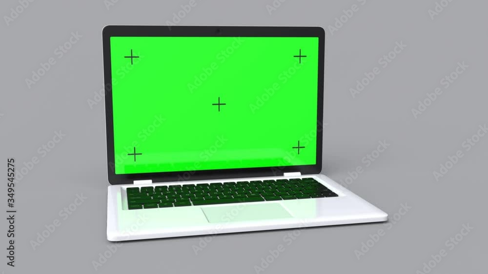 Poster laptop with a green screen on a gray background. 4k animation. change the background and image on th