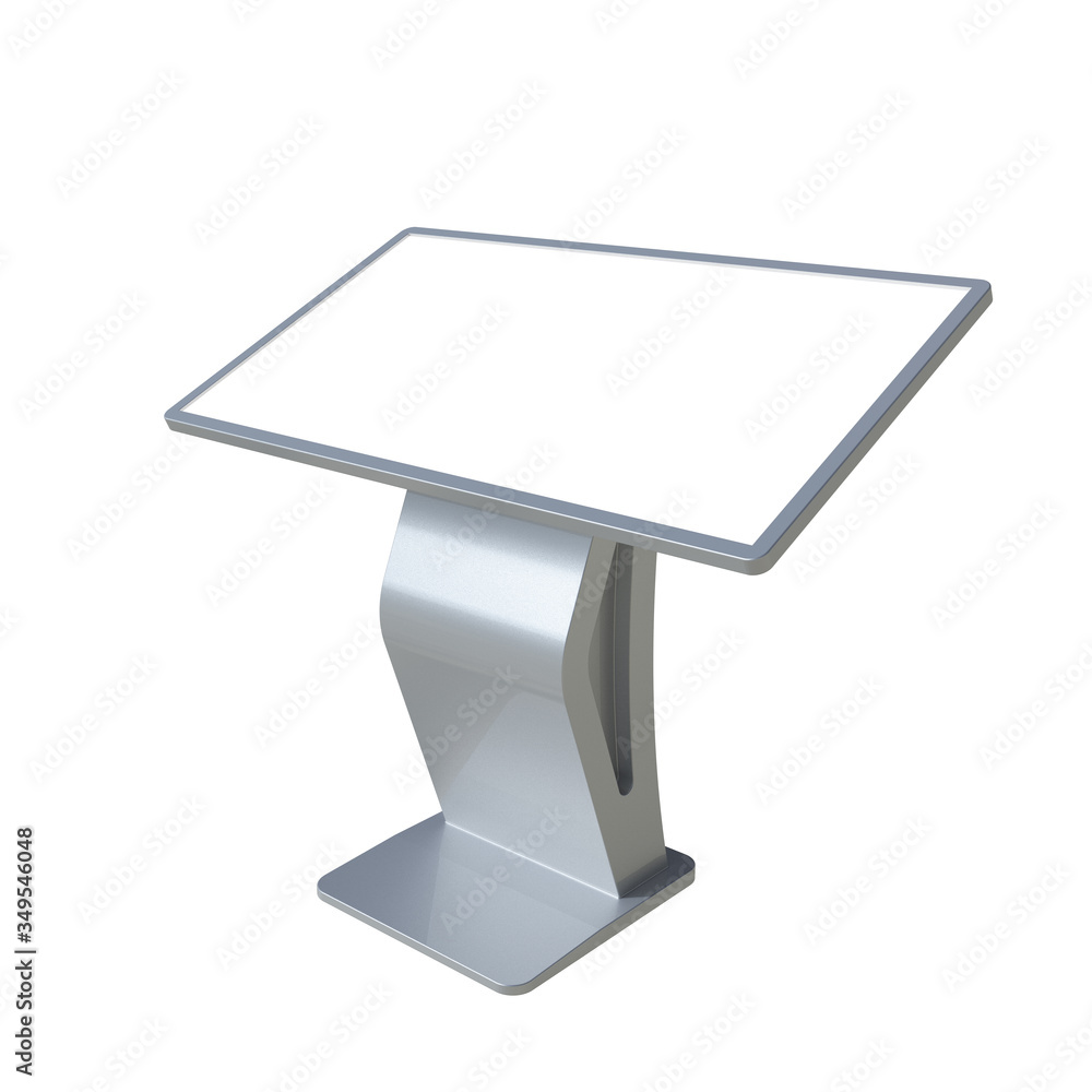 Poster silver interactive information terminal. angle view of a touch screen kiosk stand. 3d render of a co