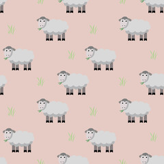 Sheep in the meadow. Seamless pattern, children's drawing. Funny illustration.