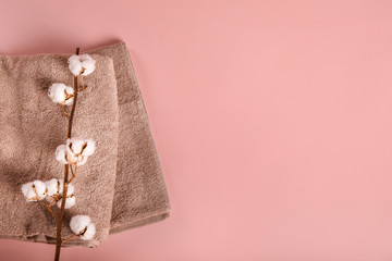 Bath towel and cotton branch on pink background