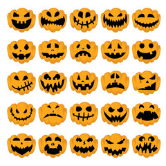 25 different expressions of carved pumpkin for Halloween. Cheerful and sad faces on identical yellow pumpkins. For use in graphic design, for stickers.
